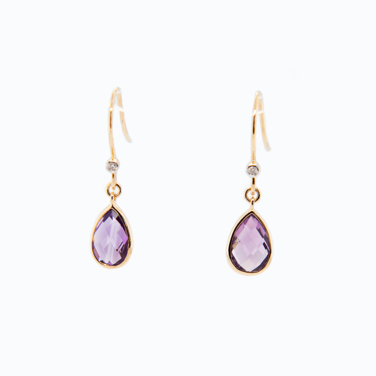 Delicate Natural Amethyst and Diamond dangle motif earrings, 14K Yellow Gold