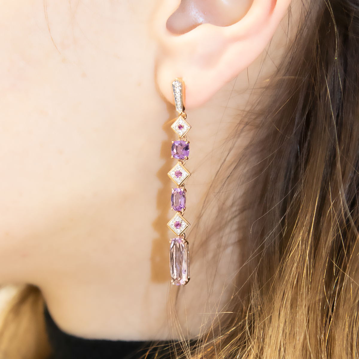 Multi-Gemstone Linear Drop Dangle Earrings 18k Rose Gold