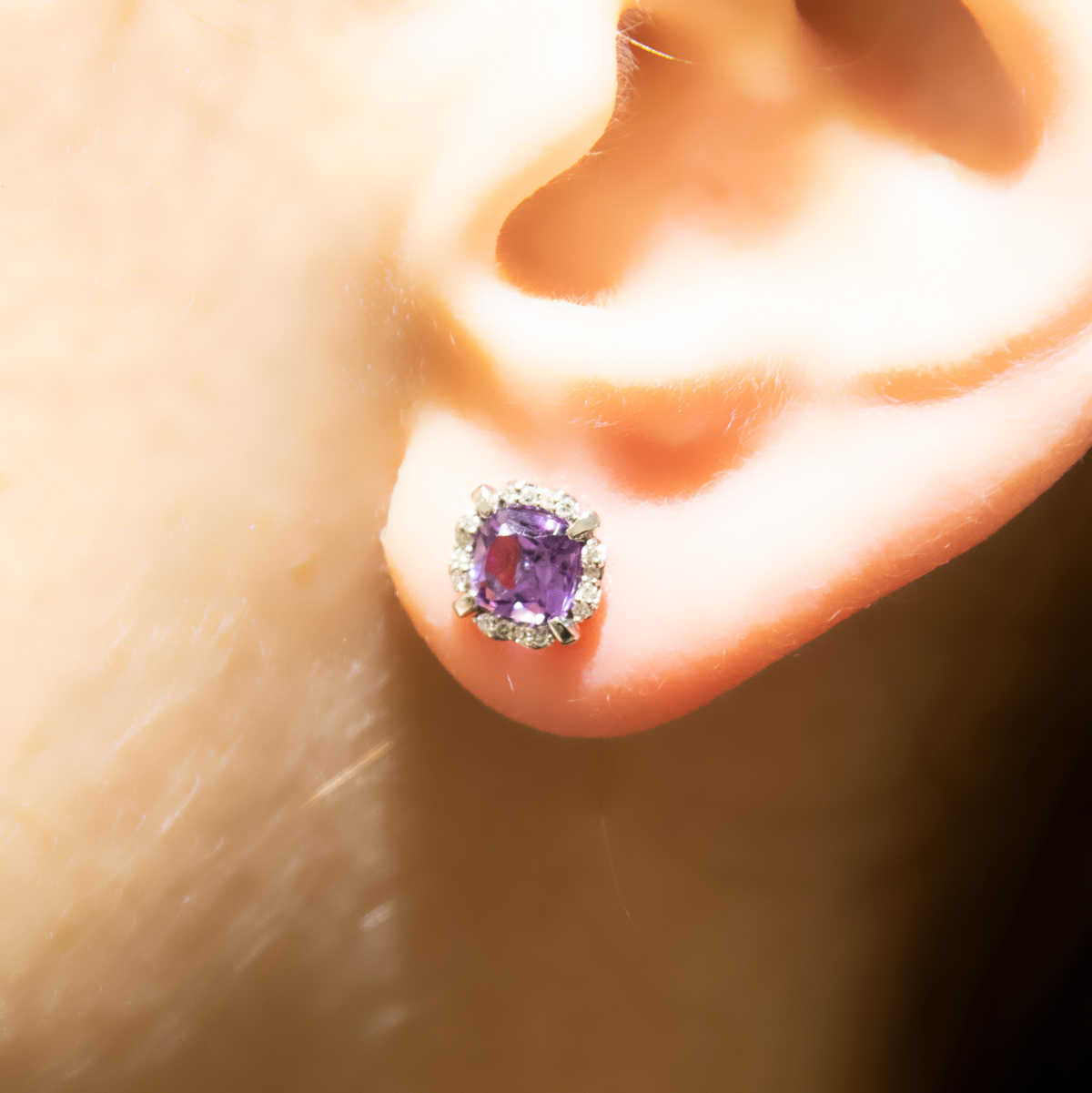 Natural Amethyst and Diamond Halo Stud Earrings, 14k White Gold