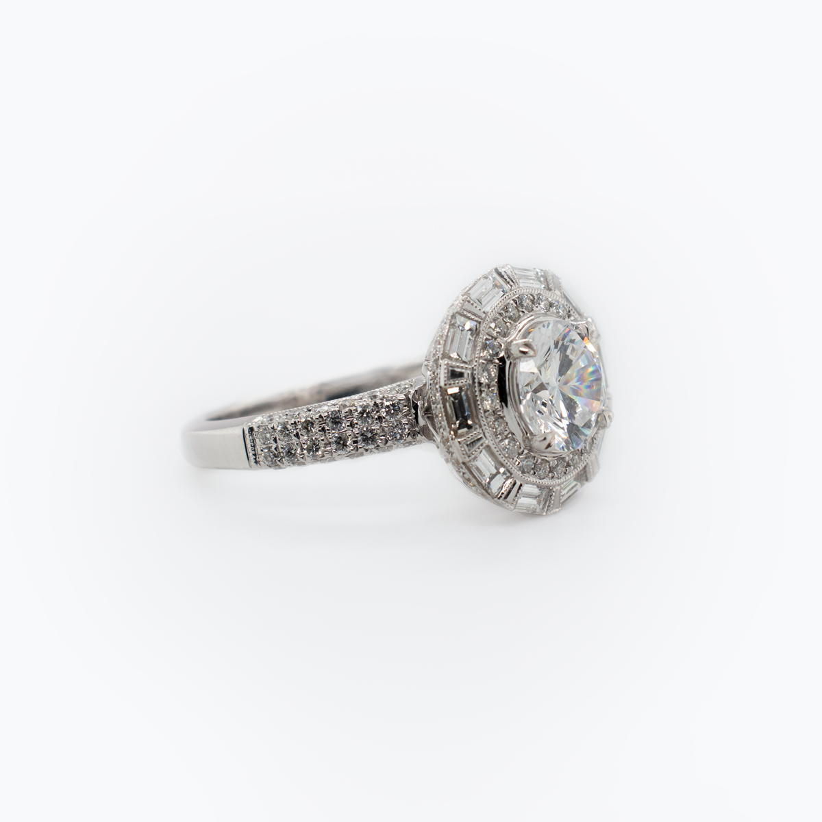 Vintage-inspired Baguette Halo Diamond Engagement Ring (semi-mount)