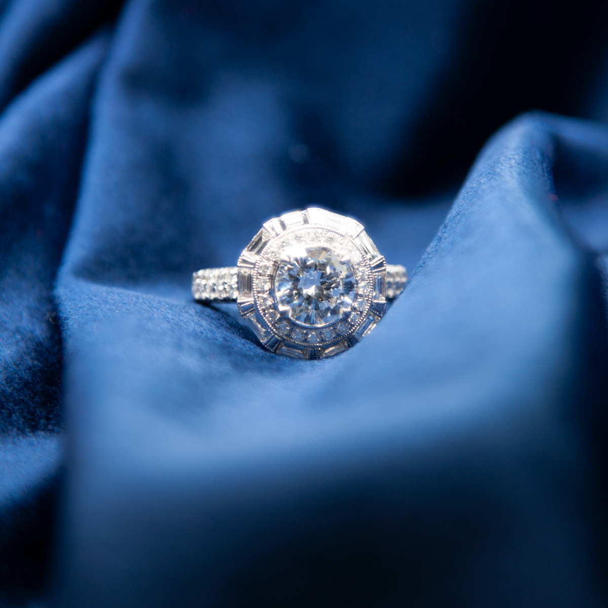 Vintage-inspired Baguette Halo Diamond Engagement Ring (semi-mount)