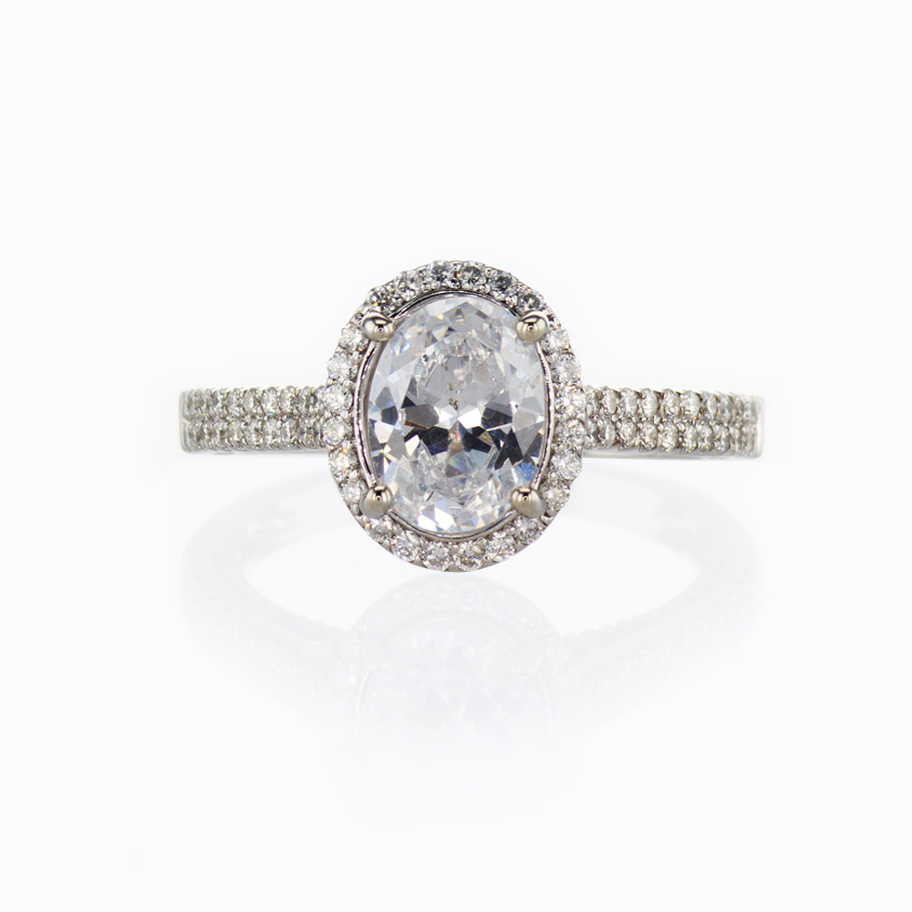 Accented Cathedral Halo Engagement Ring, 18k White Gold