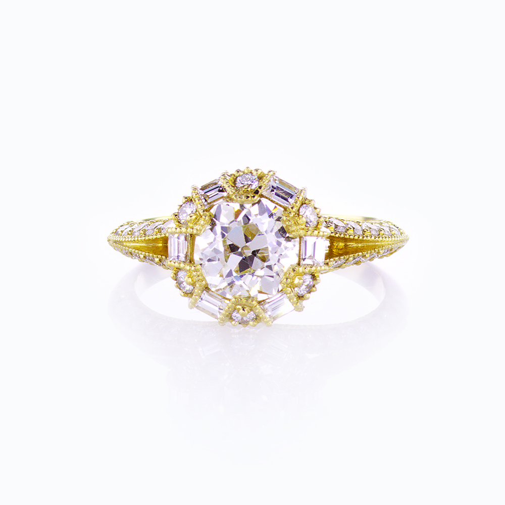 Art Deco Engagement Ring with Old Mine Cut Diamond, 18k Yellow Gold