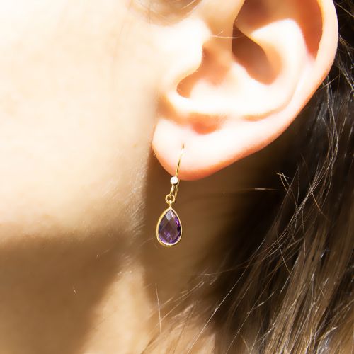 Delicate Natural Amethyst and Diamond dangle motif earrings, 14K Yellow Gold