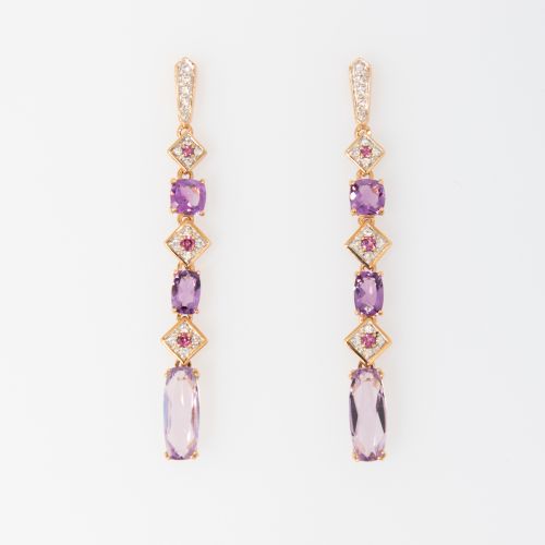 Natural Multi-Gemstone Linear Drop Dangle Earrings 18k Rose Gold