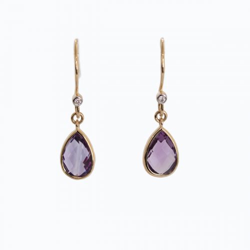 Delicate Natural Amethyst and Diamond dangle motif earrings, 14K Yellow Gold