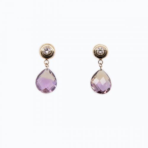 Diamond and Ametrine Drop Dangle Earrings, 14k Yellow Gold