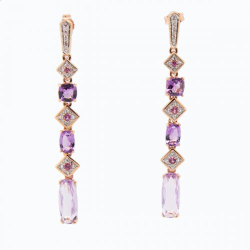 Natural Multi-Gemstone Linear Drop Dangle Earrings 18k Rose Gold