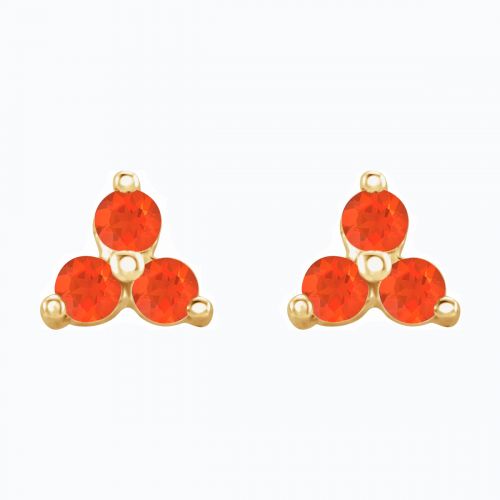 Natural Mexican Fire Opal Three Stud Earring, 14k Yellow Gold