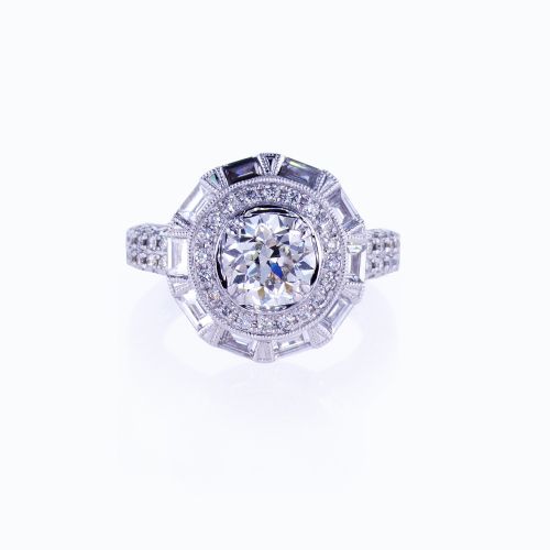 Vintage-inspired Baguette Halo Diamond Engagement Ring (semi-mount)