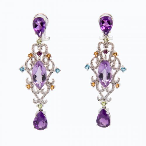 Vintage-inspired Natural Diamonds and Gemstones Drop Earrings, 18k White Gold