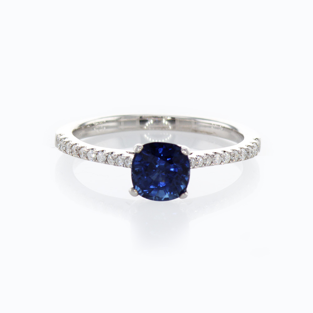 The Caitlin Cushion Lab Grown Sapphire Engagement Ring Diamond Halo 18K White Gold / 9x7