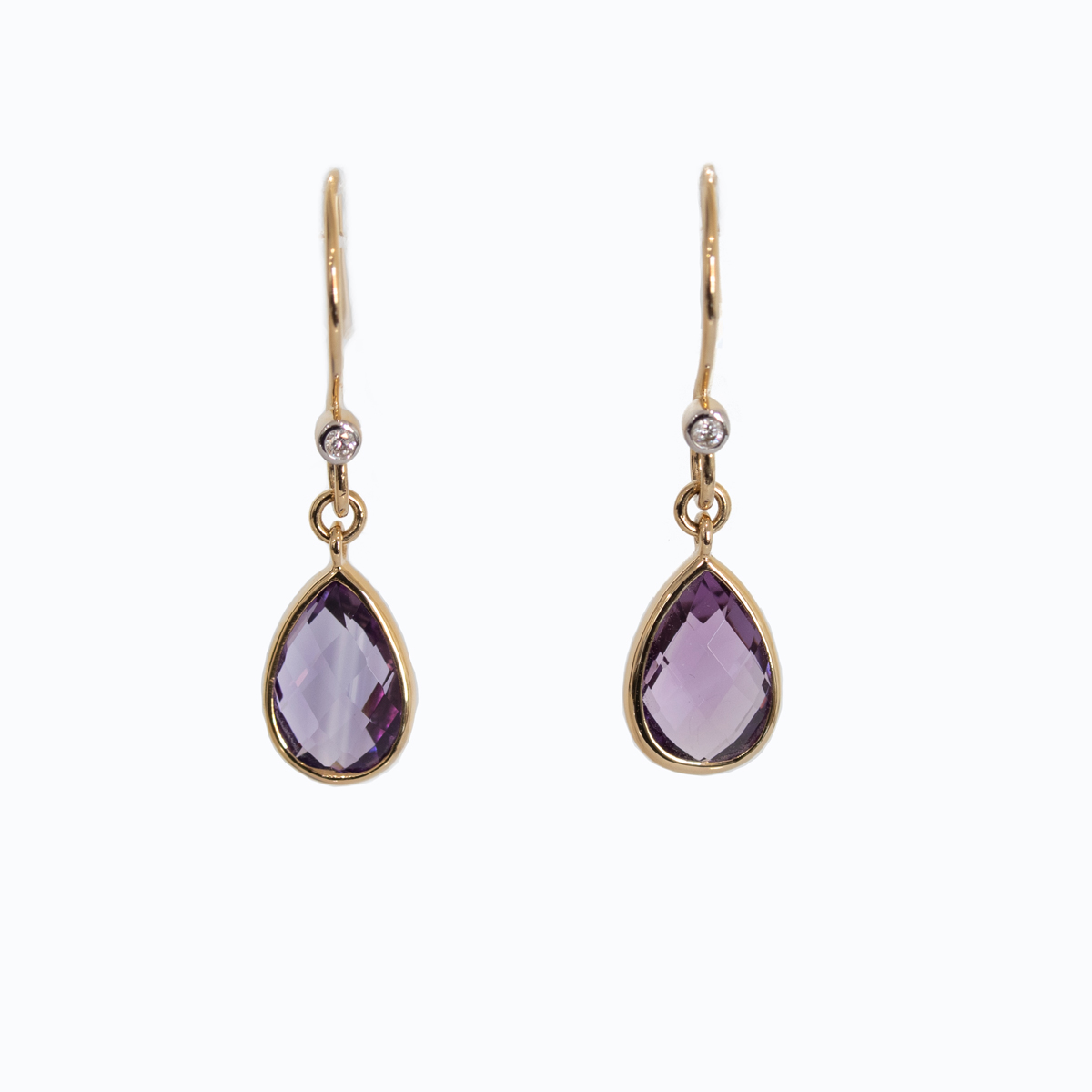 Delicate Natural Amethyst and Diamond dangle motif earrings, 14K Yellow Gold