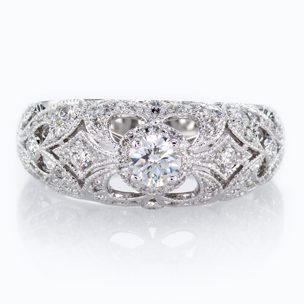 Ornate Profile Engagement Ring Setting, 14k White Gold(semi mount)