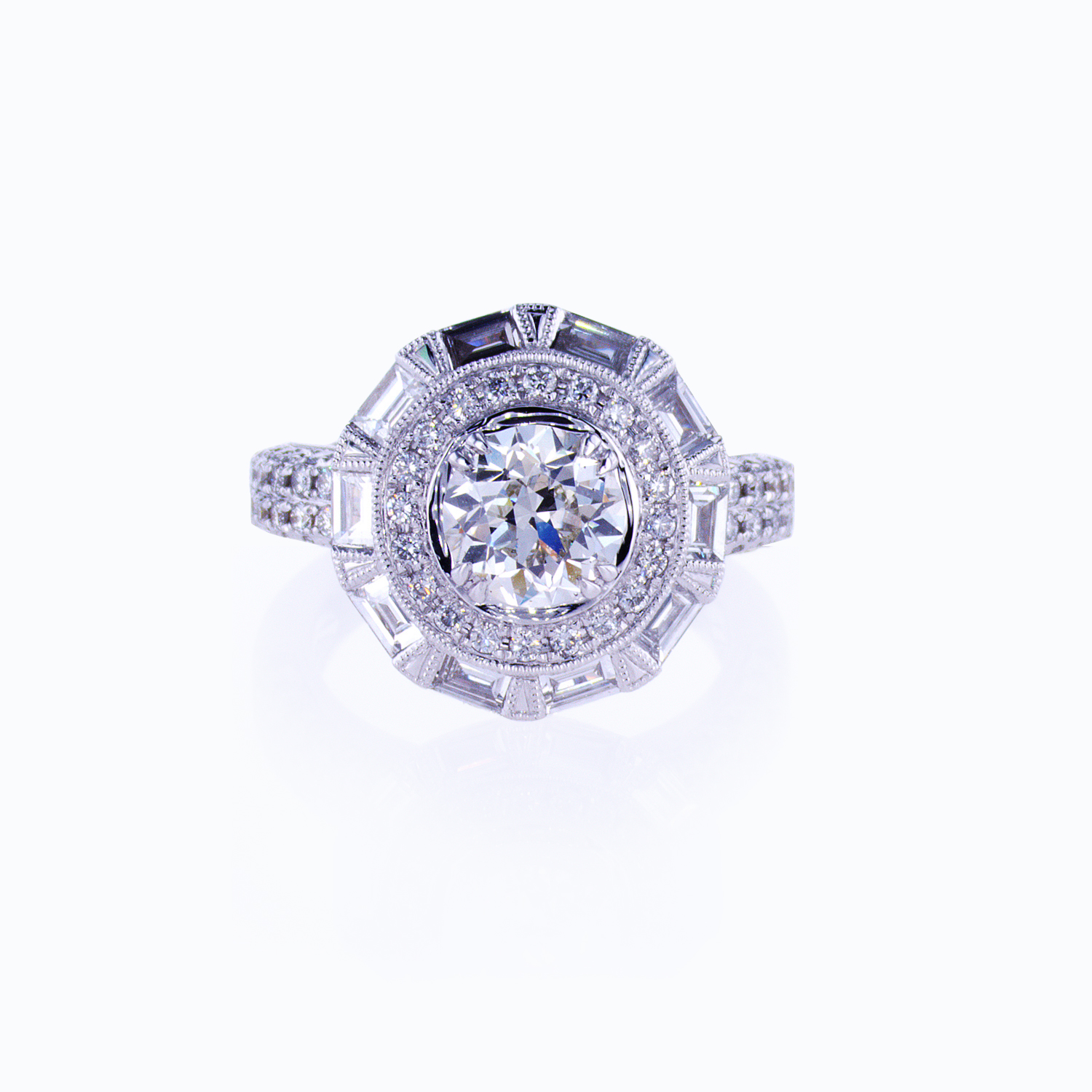 Vintage-inspired Baguette Halo Diamond Engagement Ring (semi-mount)