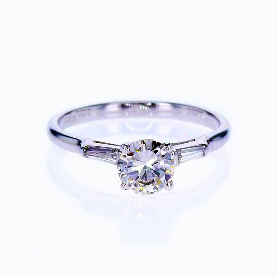 14K White Gold Baguette and Round Diamonds Fancy Cushion Ring