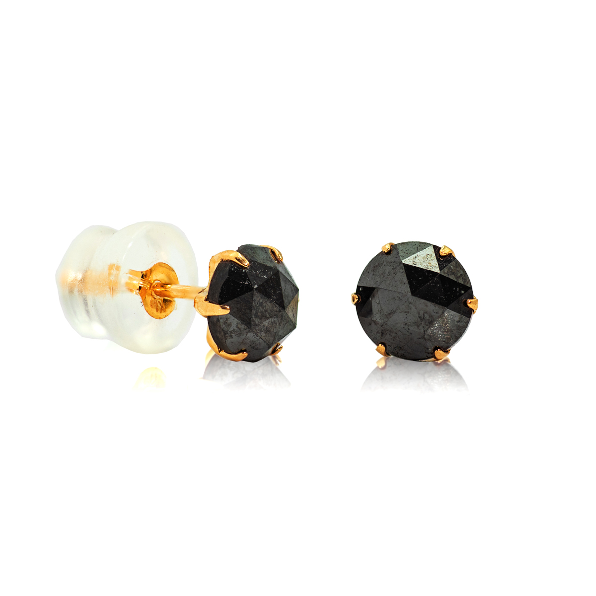 Round Shaped Stud Earrings in 18k Yellow Gold with Natural Black Diamond