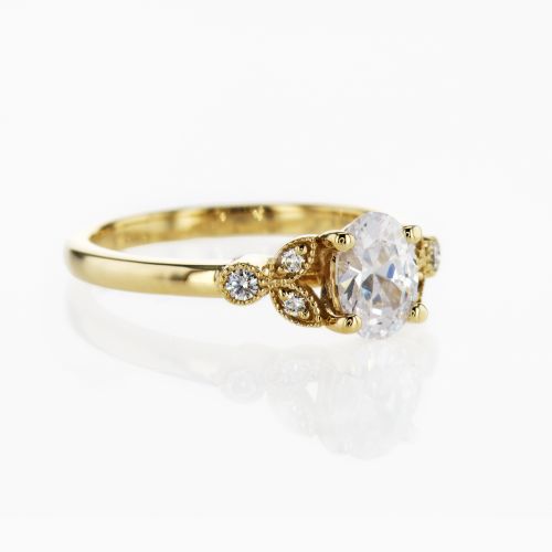 Vintage leaf motif Diamond Engagement Ring, 14k Yellow Gold