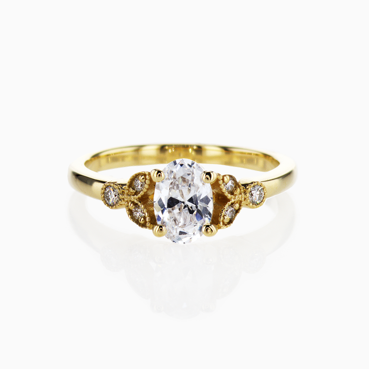 Vintage leaf motif Diamond Engagement Ring, 14k Yellow Gold