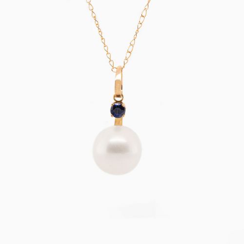 Pearl Pendant with Natural Blue Sapphire and Chain, 14k Yellow Gold