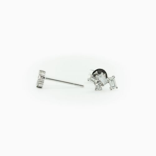 Natural Triple Baguette and Round Diamond Stud Earrings, 14k White Gold