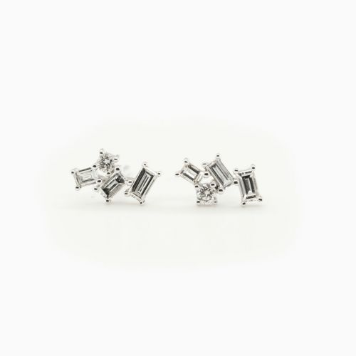 Natural Triple Baguette and Round Diamond Stud Earrings, 14k White Gold