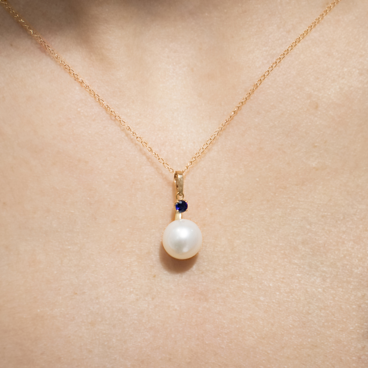 Pearl Pendant with Natural Blue Sapphire and Chain, 14k Yellow Gold