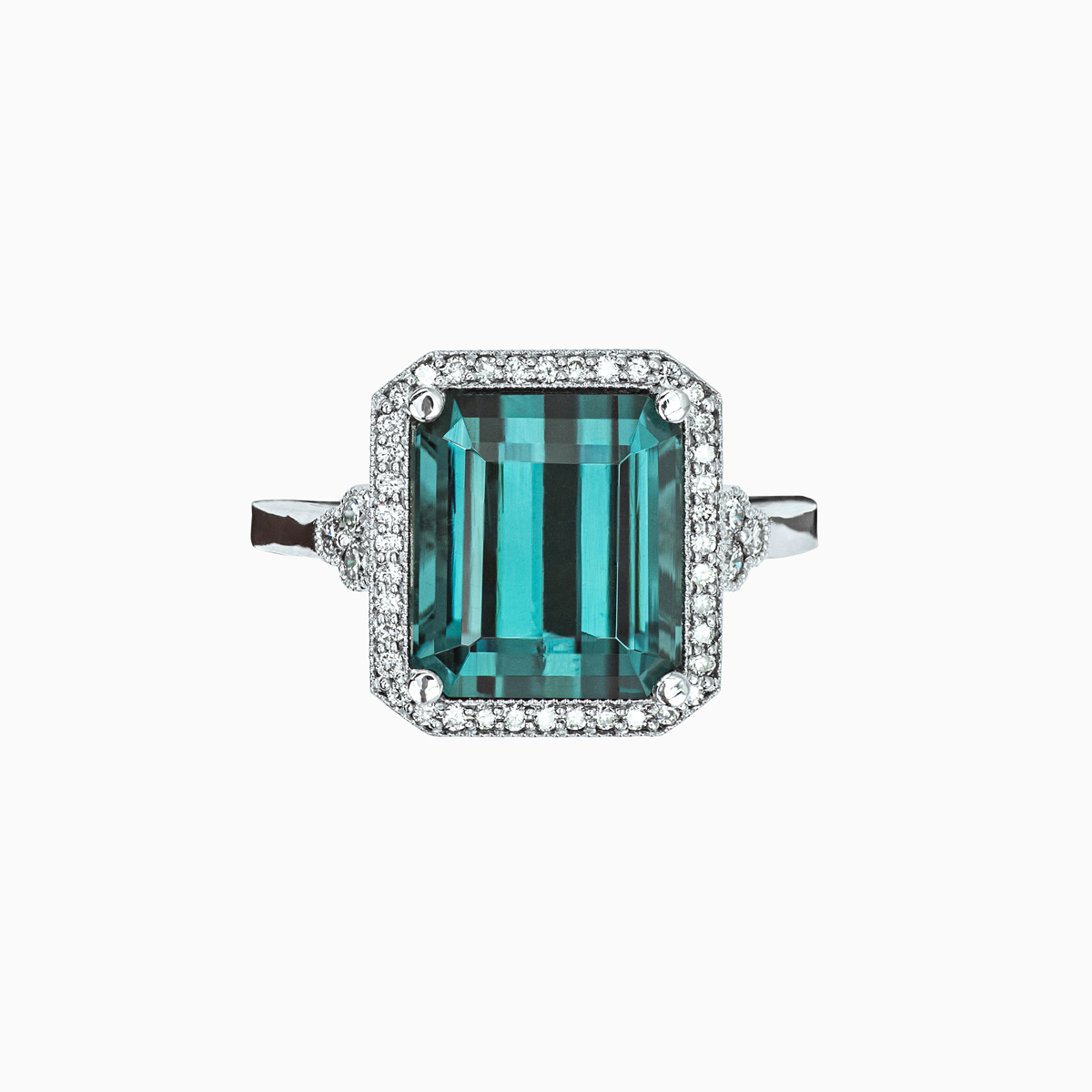 Cathedral Halo Cluster Ring in 18k White Gold with Mined Emerald Shaped Teal Blue-Green Tourmaline and Colorless Diamonds