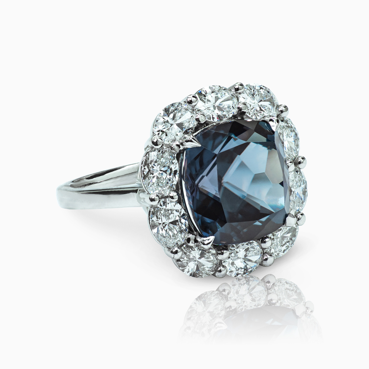 Vintage Inspired Diamond Cocktail Ring with Lab Grown Cushion Shaped Blue Sapphire