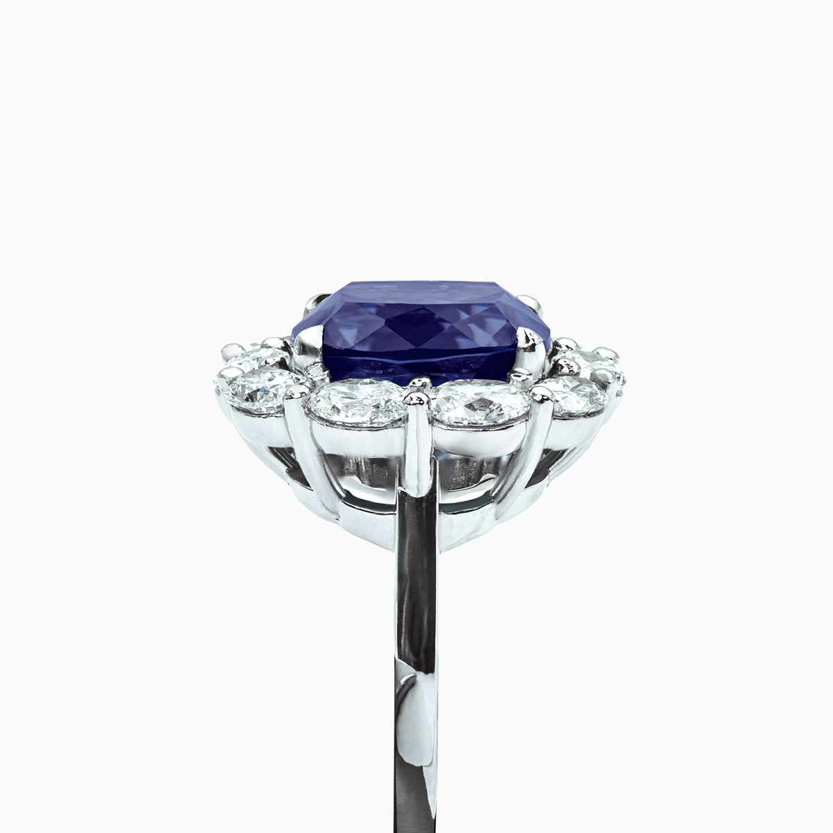 Vintage Inspired Diamond Cocktail Ring with Lab Grown Cushion Shaped Blue Sapphire