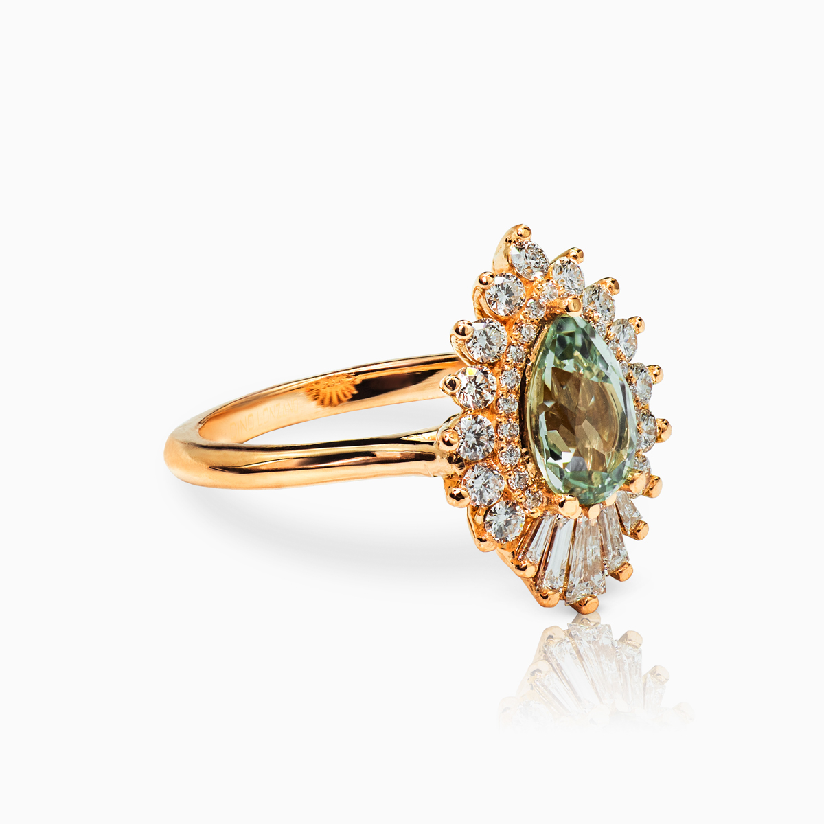 Starburst Diamond Engagement Ring with Lab Grown Pear Shaped Green Sapphire