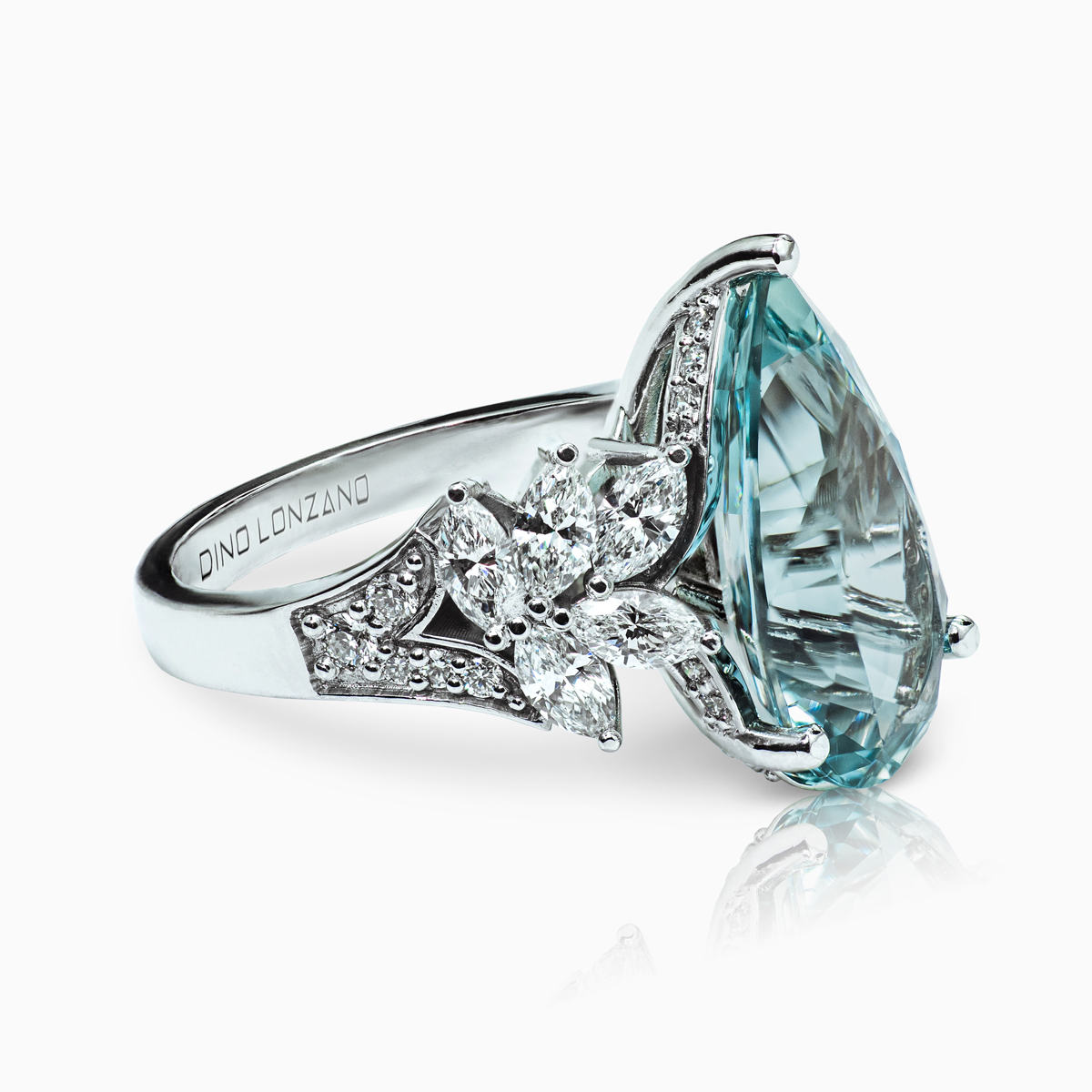 Floral Vintage-Inspired Cocktail Ring with Pear Shaped Madagascar Aquamarine and Diamonds