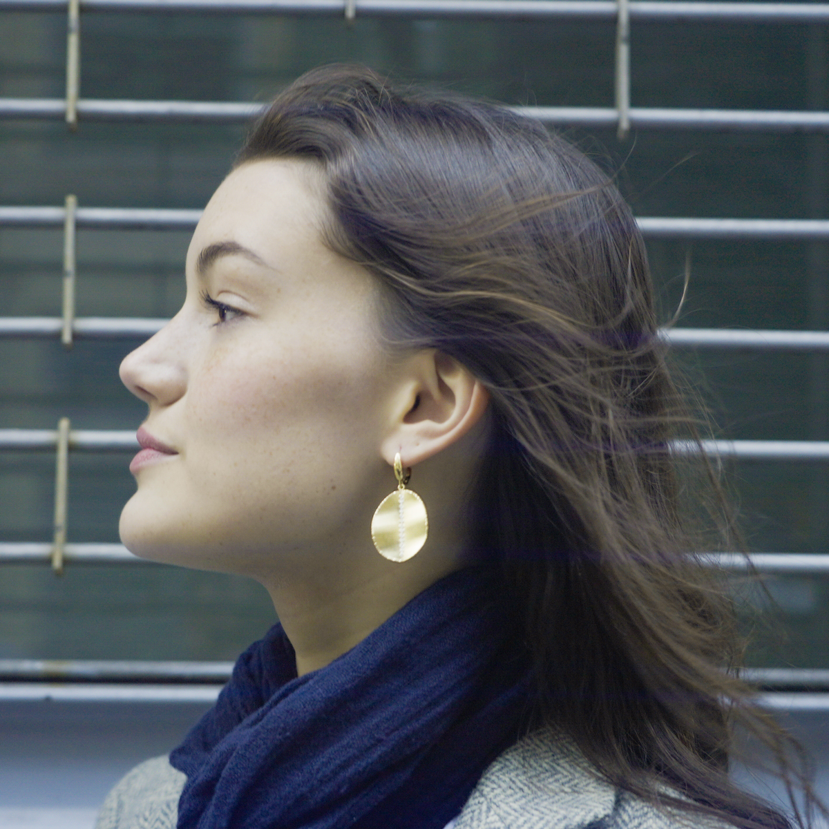 Leaf Disc Dangle Earrings in 14k Yellow and White Gold