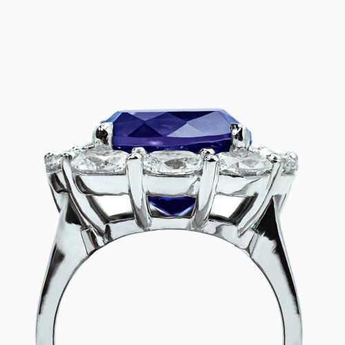 Vintage Inspired Diamond Cocktail Ring with Lab Grown Cushion Shaped Blue Sapphire