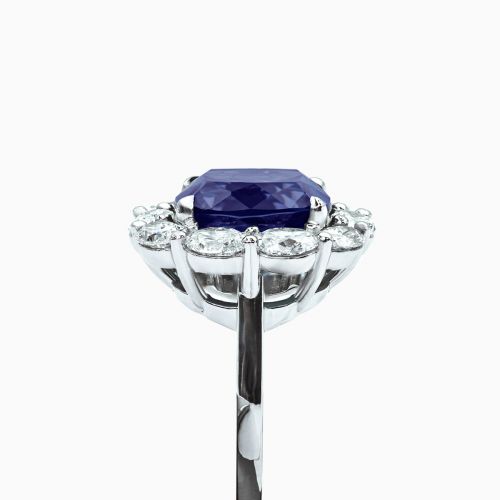 Vintage Inspired Diamond Cocktail Ring with Lab Grown Cushion Shaped Blue Sapphire