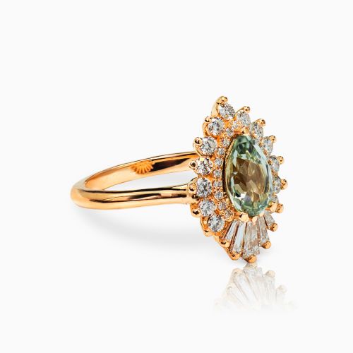 Starburst Diamond Engagement Ring with Lab Grown Pear Shaped Green Sapphire