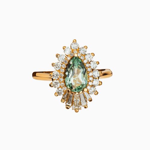 Starburst Diamond Engagement Ring with Lab Grown Pear Shaped Green Sapphire