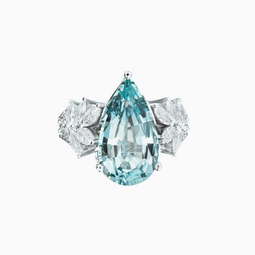 Floral Vintage-Inspired Cocktail Ring with Pear Shaped Madagascar Aquamarine and Diamonds