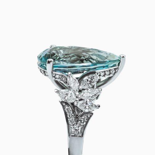 Floral Vintage-Inspired Cocktail Ring with Pear Shaped Madagascar Aquamarine and Diamonds