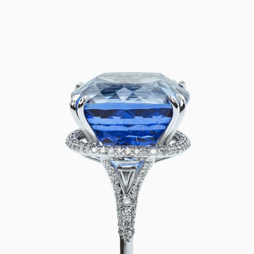 33.69-Carat Ceylon Blue Sapphire Cocktail Ring with Pave Diamond Halo