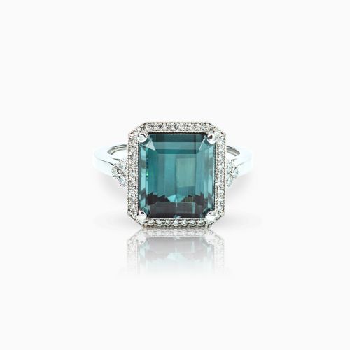 Cathedral Halo Cluster Ring in 18k White Gold with Mined Emerald Shaped Teal Blue-Green Tourmaline and Colorless Diamonds