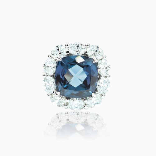 Vintage Inspired Diamond Cocktail Ring with Lab Grown Cushion Shaped Blue Sapphire