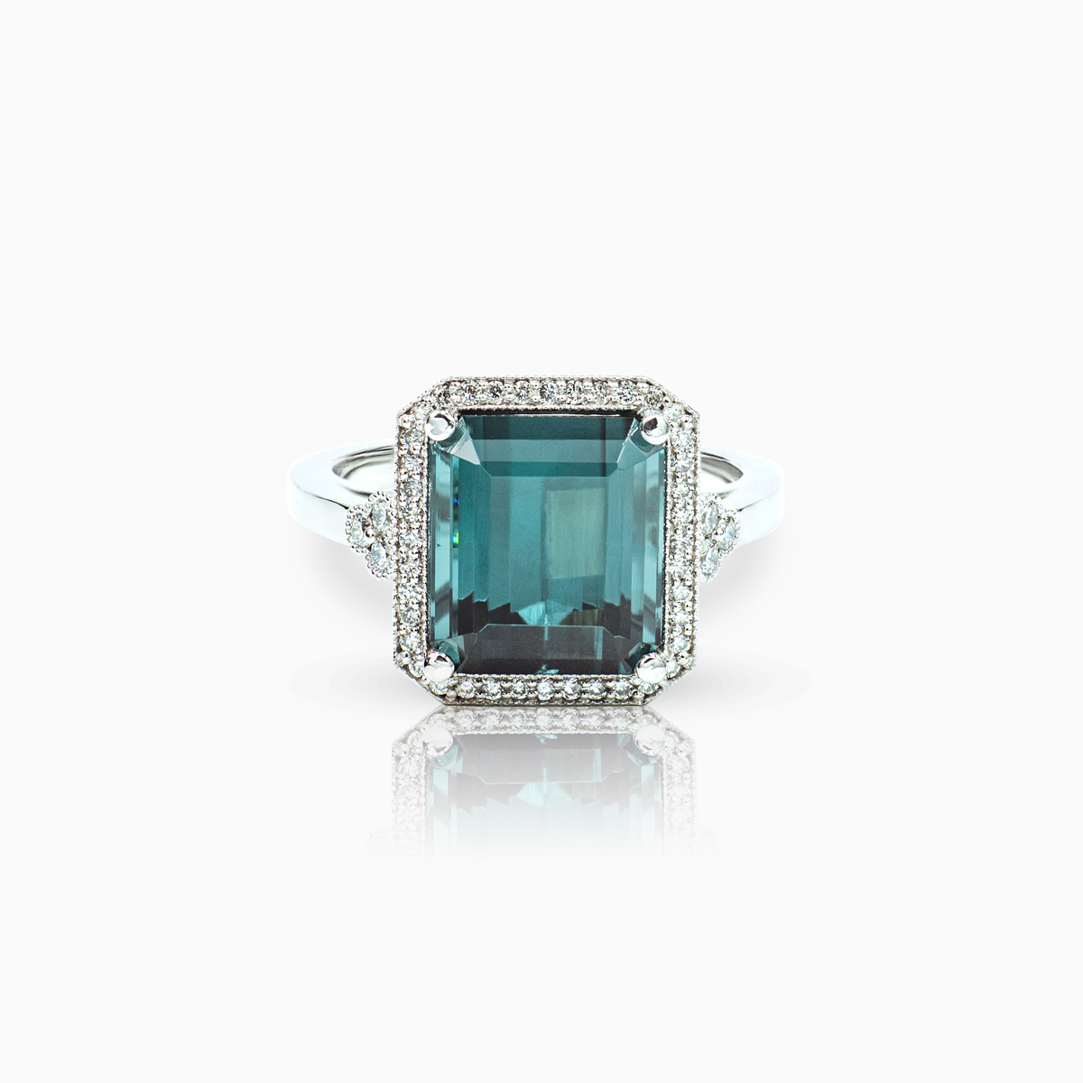Cathedral Halo Cluster Ring in 18k White Gold with Mined Emerald Shaped Teal Blue-Green Tourmaline and Colorless Diamonds