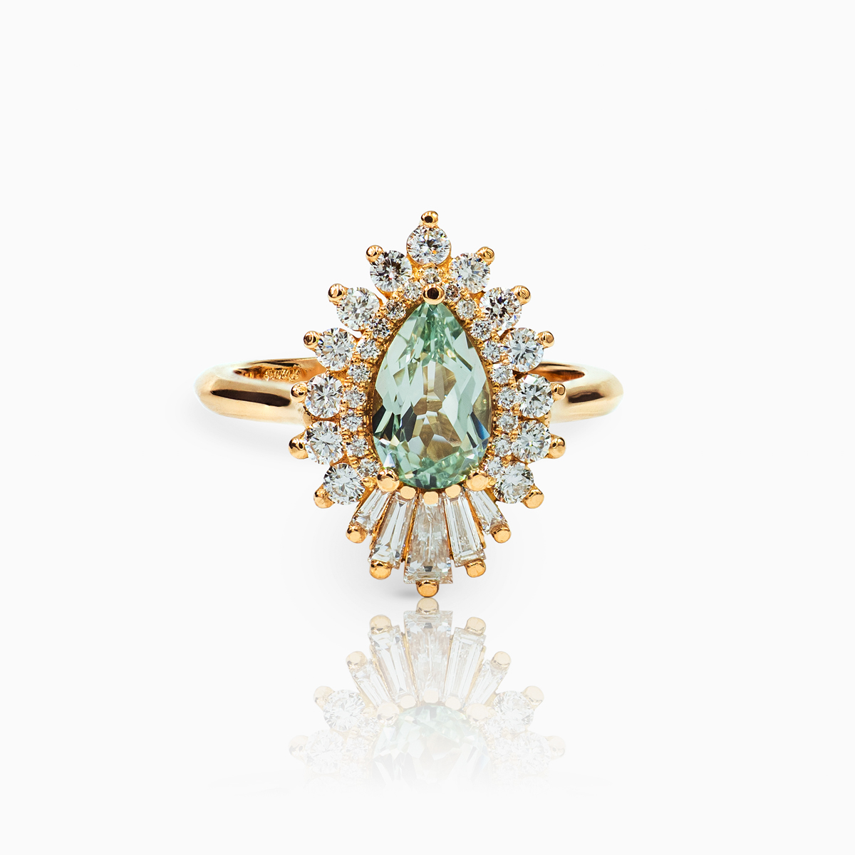 Starburst Diamond Engagement Ring with Lab Grown Pear Shaped Green Sapphire