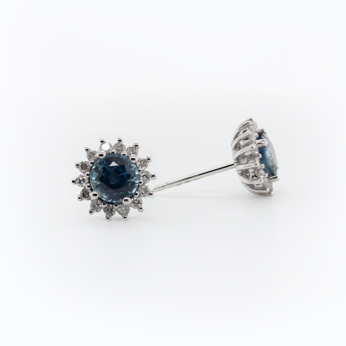 Natural Blue Sapphires and Diamond Halo Earrings, 14k White Gold