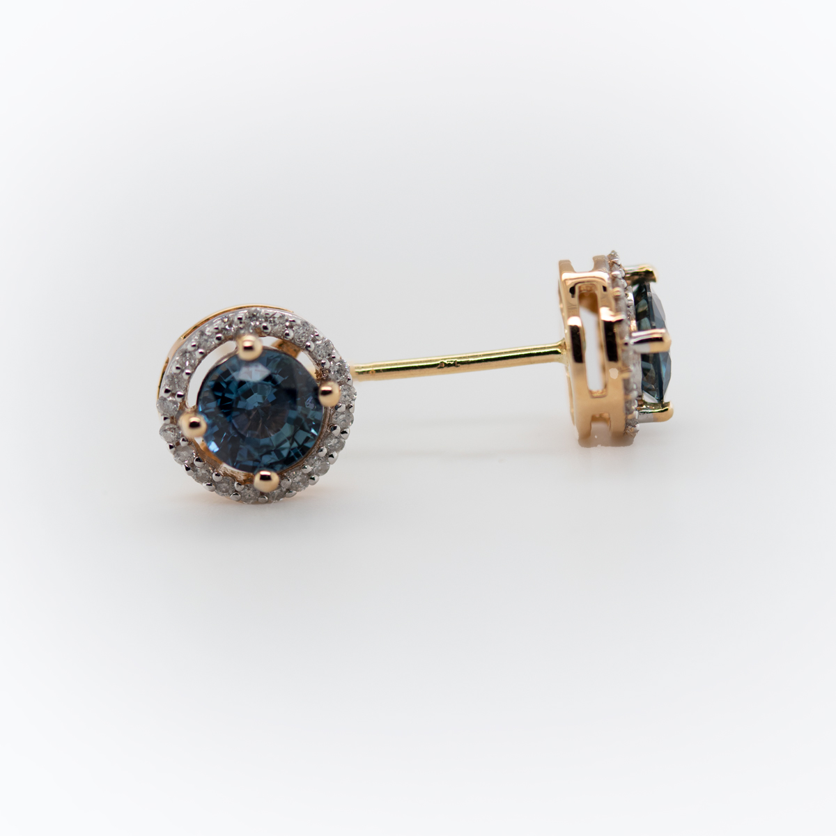 Natural Blue Sapphire and Diamond Halo Earrings, 14k Yellow Gold