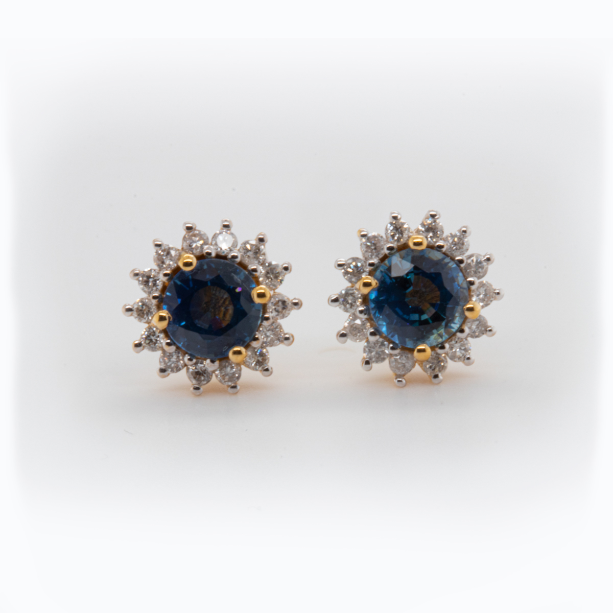 Natural Blue Sapphires and Diamond Halo Earrings, 14k Yellow Gold
