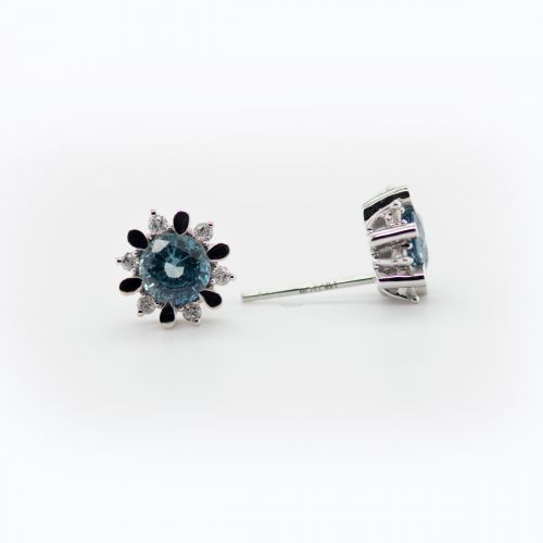 Natural Blue Sapphire and Diamond Floral Earrings,14k White Gold