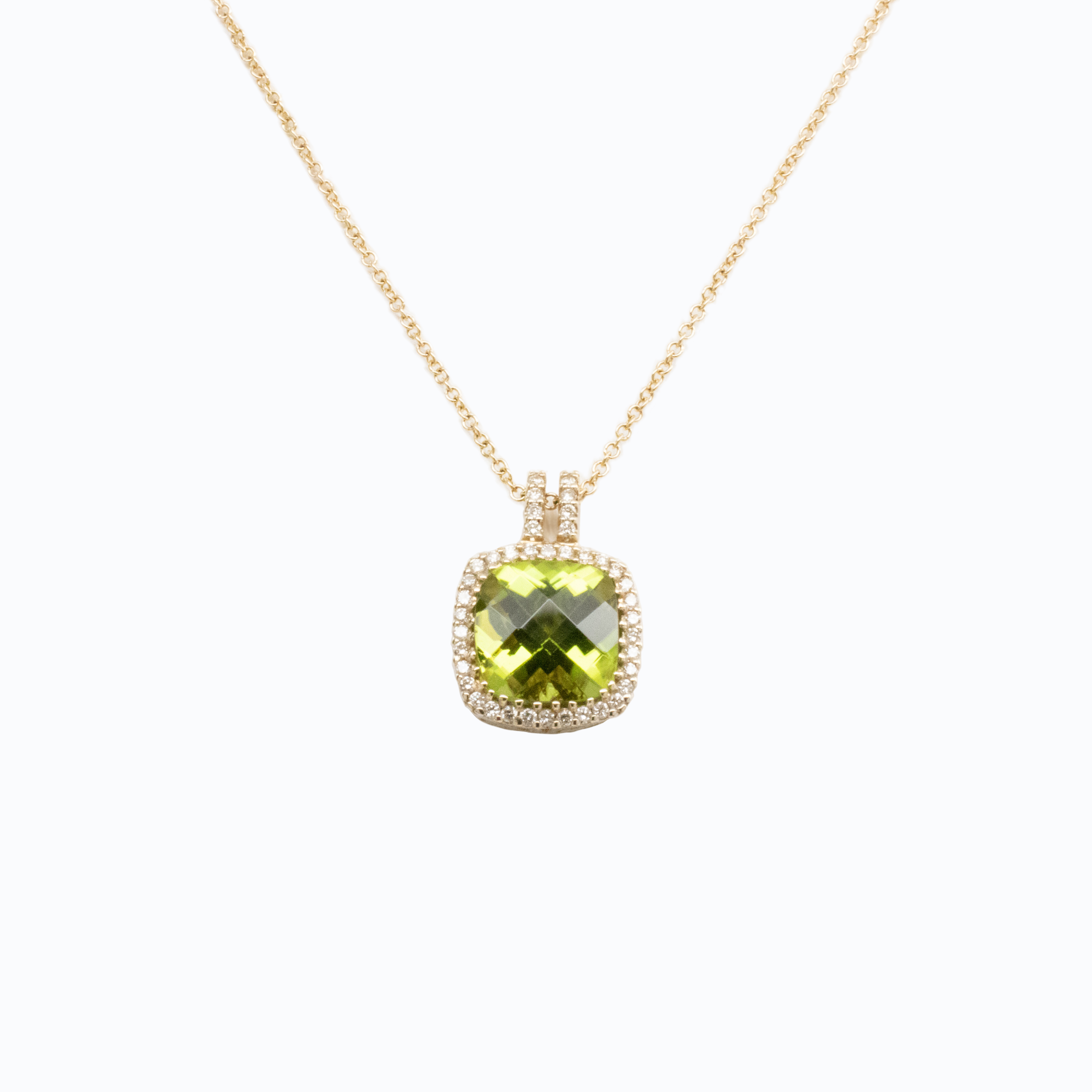 Checkerboard cut Peridot and Diamond Halo Pendant