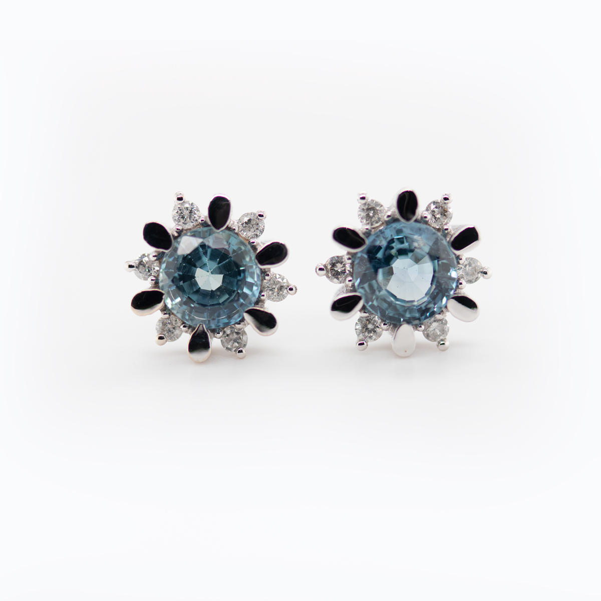 Natural Blue Sapphire and Diamond Floral Earrings,14k White Gold